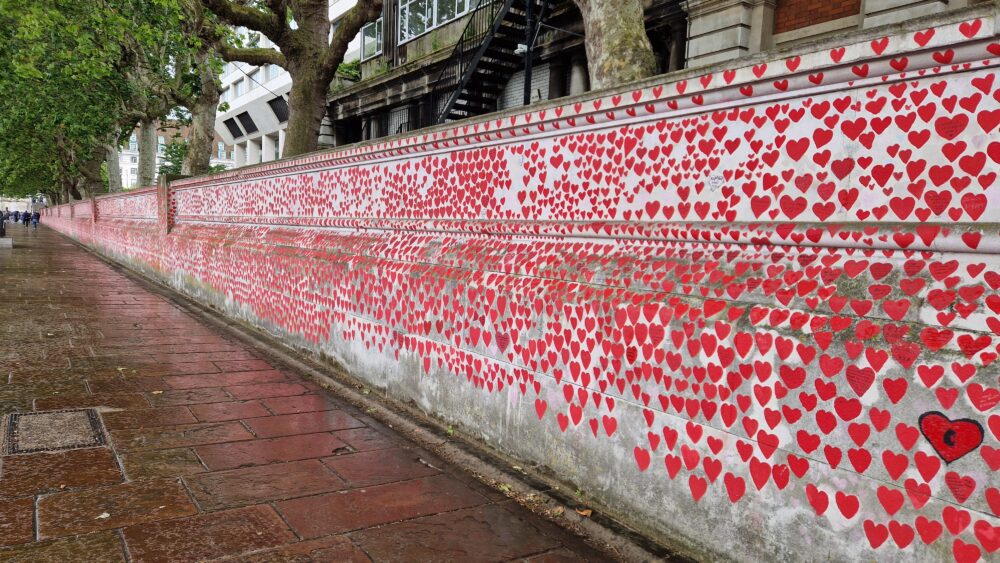 The National Covid Remembrance Wall. The features many small red hearts.