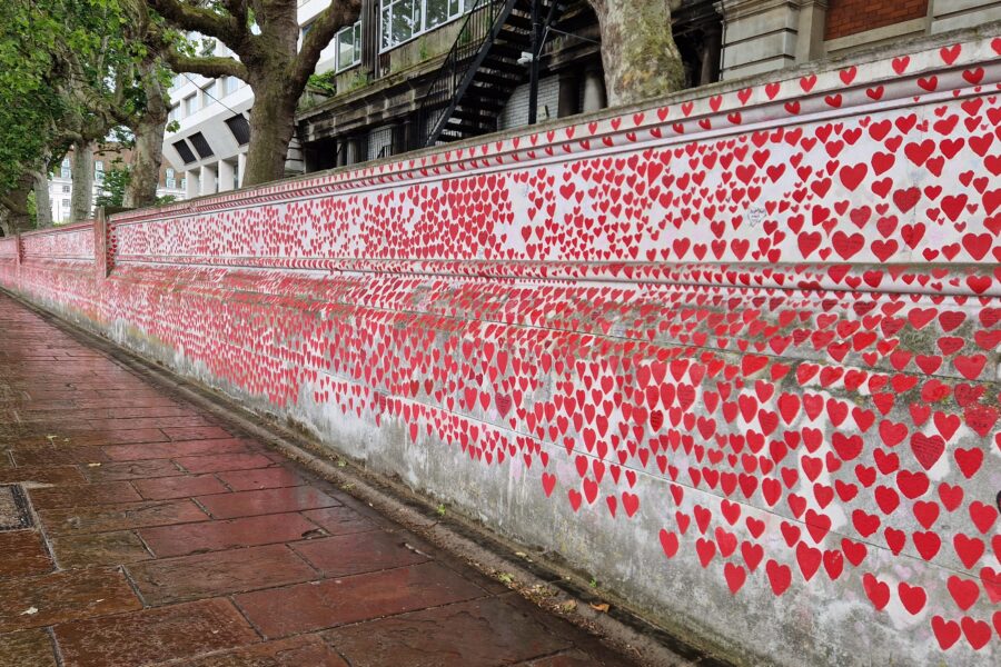 The National Covid Remembrance Wall. The features many small red hearts.